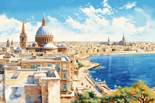 Sunny aerial view of Valletta, Malta with watercolor digital painting capturing the travel concept. Generative AI photo