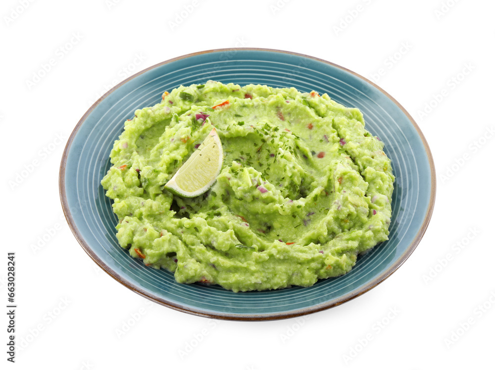 Delicious guacamole served with lime isolated on white Delicious guacamole served with lime isolated on white