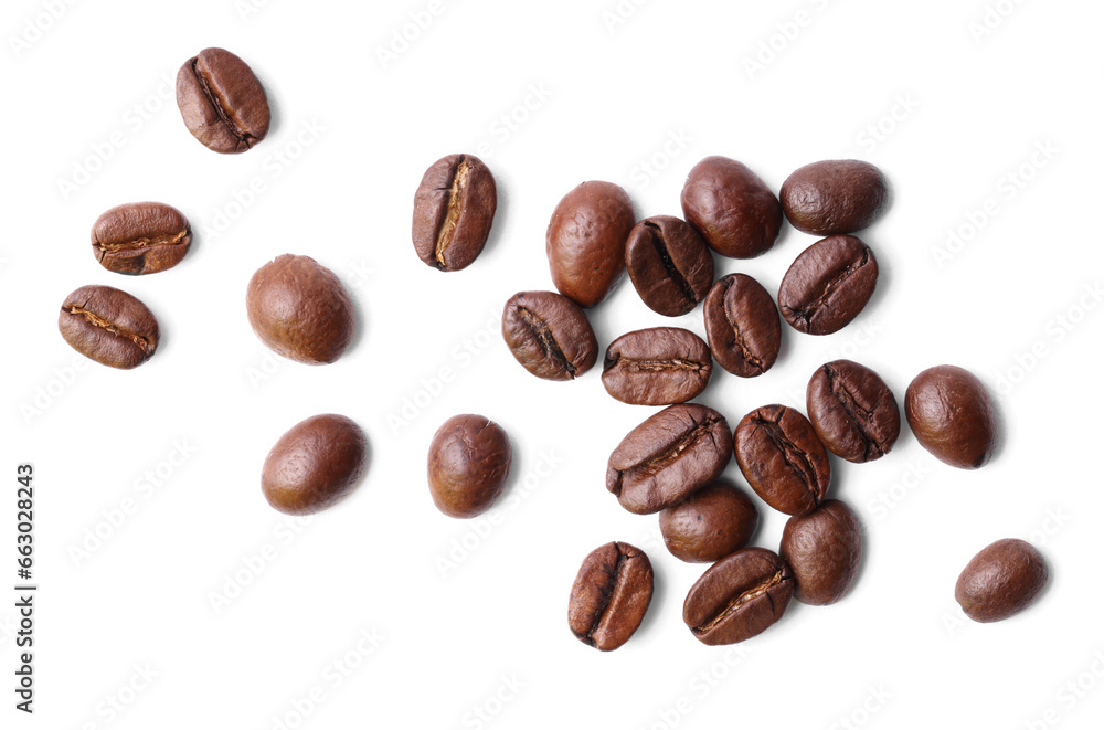 Many roasted coffee beans isolated on white, top view Many roasted coffee beans isolated on white, top view