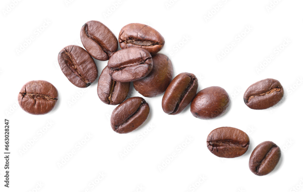 Many roasted coffee beans isolated on white, top view Many roasted coffee beans isolated on white, top view