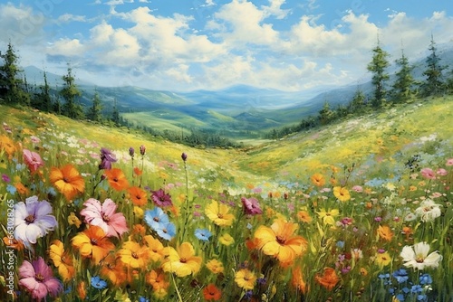 An artwork depicting colorful blooms amidst a vast meadow beneath a serene heavens. Generative AI