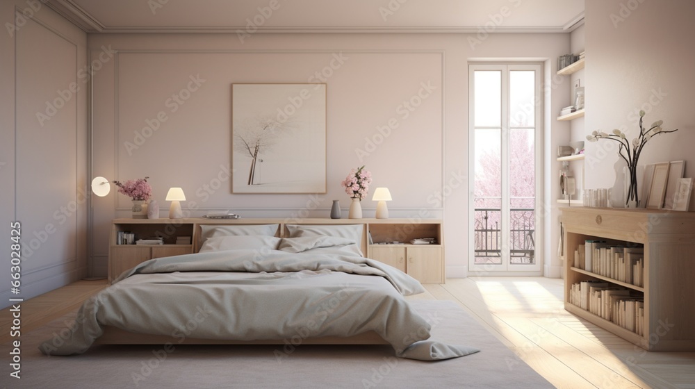 A serene bedroom with soft pastel interior walls, the HD camera highlighting the tranquil atmosphere and the understated elegance of the room. A serene bedroom with soft pastel interior walls, the HD camera highlighting the tranquil atmosphere and the understated elegance of the room.
