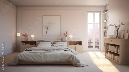 A serene bedroom with soft pastel interior walls  the HD camera highlighting the tranquil atmosphere and the understated elegance of the room.