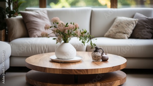 Elegant Wooden Accent Coffee Table Near Sofa Interior Design © Don