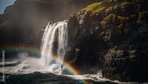 Majestic mountain range, flowing water, rainbow spray, natural landmark beauty generated by AI
