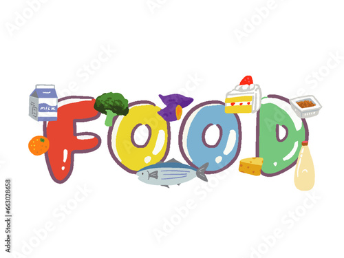 食べ物とFOODの手描き風文字イラスト	