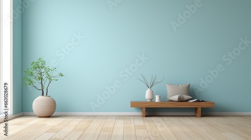 A serene meditation room with light blue walls and minimal decor, the high-definition camera capturing the peaceful and calming atmosphere. photo