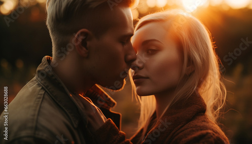 Young couple embracing and kissing at sunset, enjoying nature together generated by AI