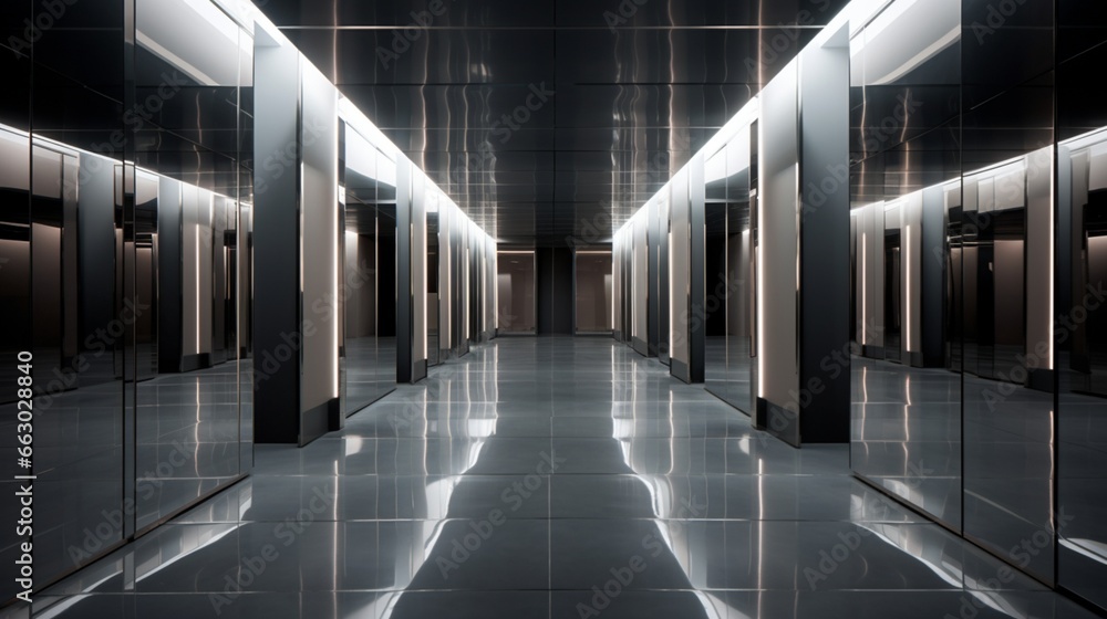 A sleek and modern hallway with mirrored walls, the high-resolution camera capturing the illusion of space and the contemporary design. A sleek and modern hallway with mirrored walls, the high-resolution camera capturing the illusion of space and the contemporary design.