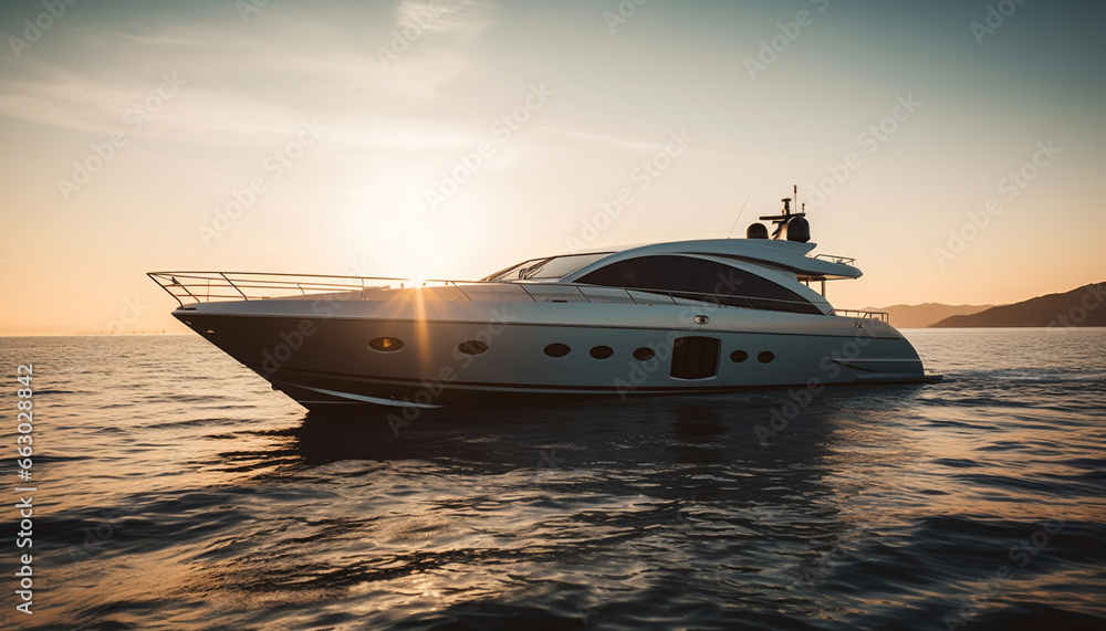 Luxury yacht sails at dusk, transporting passengers on leisurely vacations generated by AI Luxury yacht sails at dusk, transporting passengers on leisurely vacations generated by AI