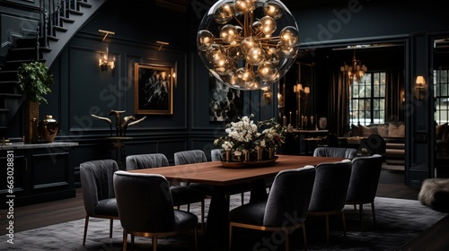 A contemporary dining room with dark gray walls and a statement chandelier, the HD camera capturing the dramatic and stylish ambiance.