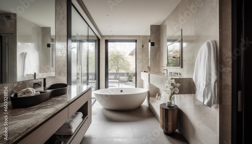 Modern elegance in luxurious domestic bathroom with marble and wood generated by AI © Stockgiu