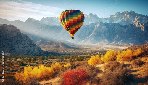 Flying high in a hot air balloon over mountain range generated by AI