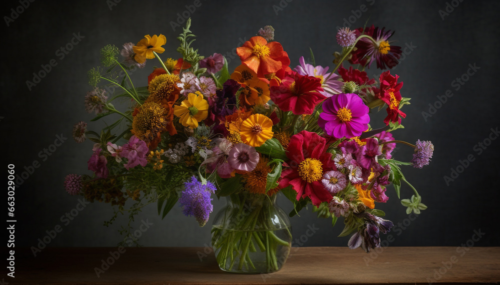 Fresh bouquet of multi colored flowers in rustic wooden vase generated by AI Fresh bouquet of multi colored flowers in rustic wooden vase generated by AI