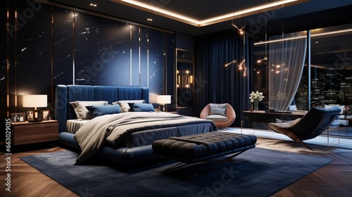 A sophisticated bedroom with navy blue walls and metallic accents, the high-definition camera highlighting the rich and luxurious ambiance of the space. © Nairobi 