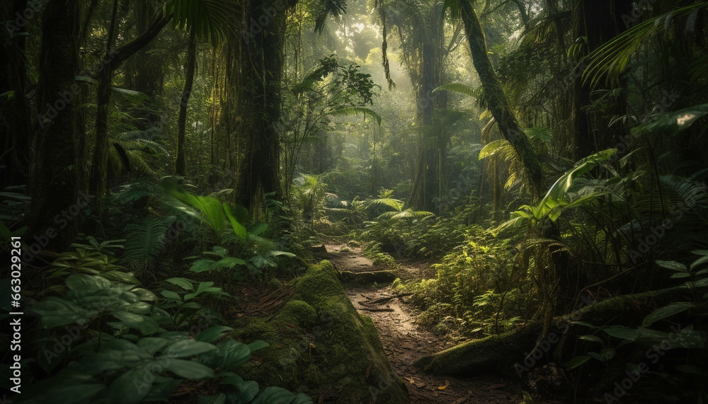 Tranquil scene of wet tropical rainforest with lush green growth generated by AI