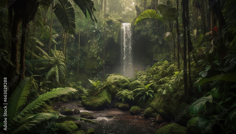 Tropical rainforest landscape with green trees, ferns, and flowing water generated by AI