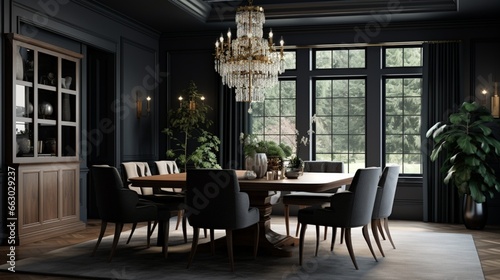 A sophisticated dining room with dark gray walls and a statement chandelier  the high-resolution camera capturing the elegant and refined design.