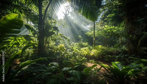 Tranquil wet forest  vibrant green growth  tropical beauty in nature generated by AI