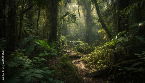 Tranquil scene of wet tropical rainforest with lush green growth generated by AI © djvstock