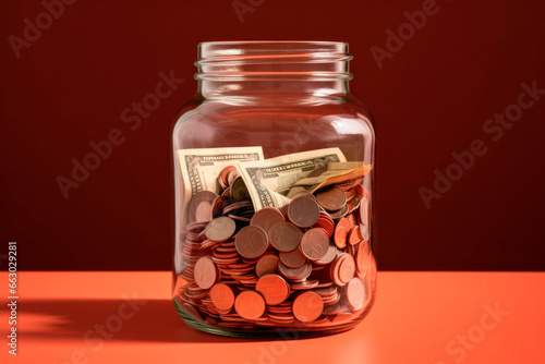 A Transparent Money Jar Sits on an Empty Shelf, Surrounded by a Bold Red Background, Symbolizing Savings, Finance, and Fiscal Growth