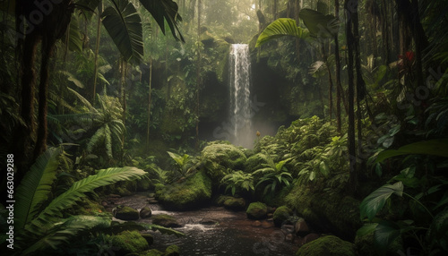 Tropical rainforest landscape with green trees, ferns, and flowing water generated by AI © Stockgiu