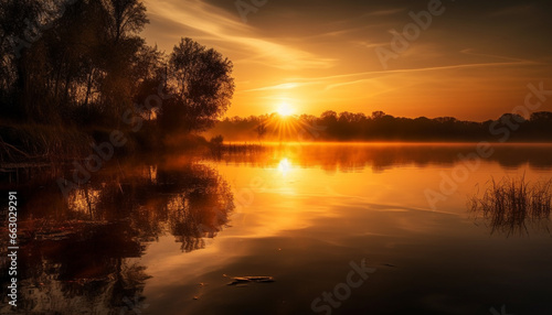 Golden horizon reflects vibrant nature beauty in tranquil waterscape generated by AI