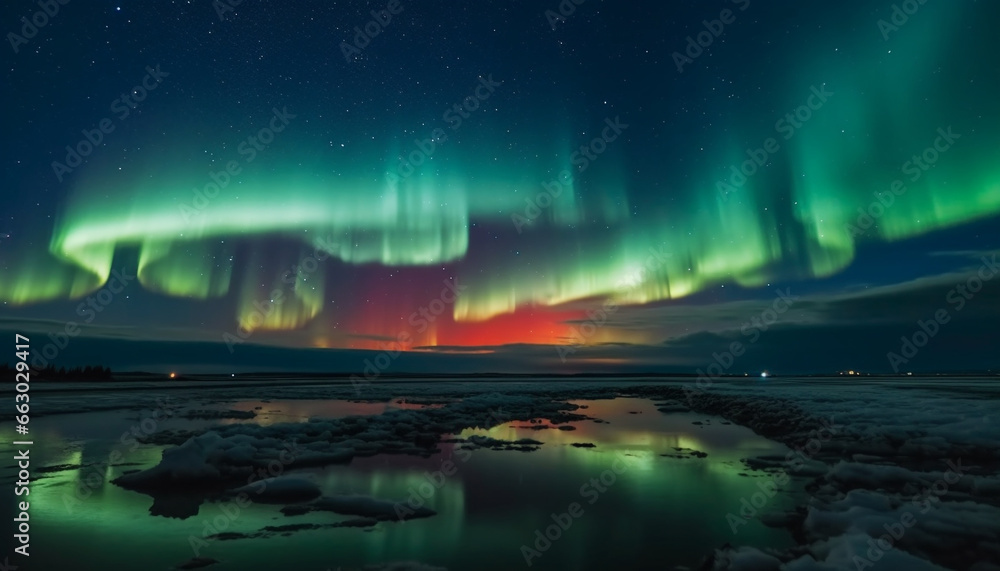 Majestic mountain range illuminated by aurora polaris in arctic night generated by AI