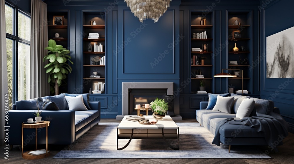 A sophisticated living room with deep blue accent walls and plush