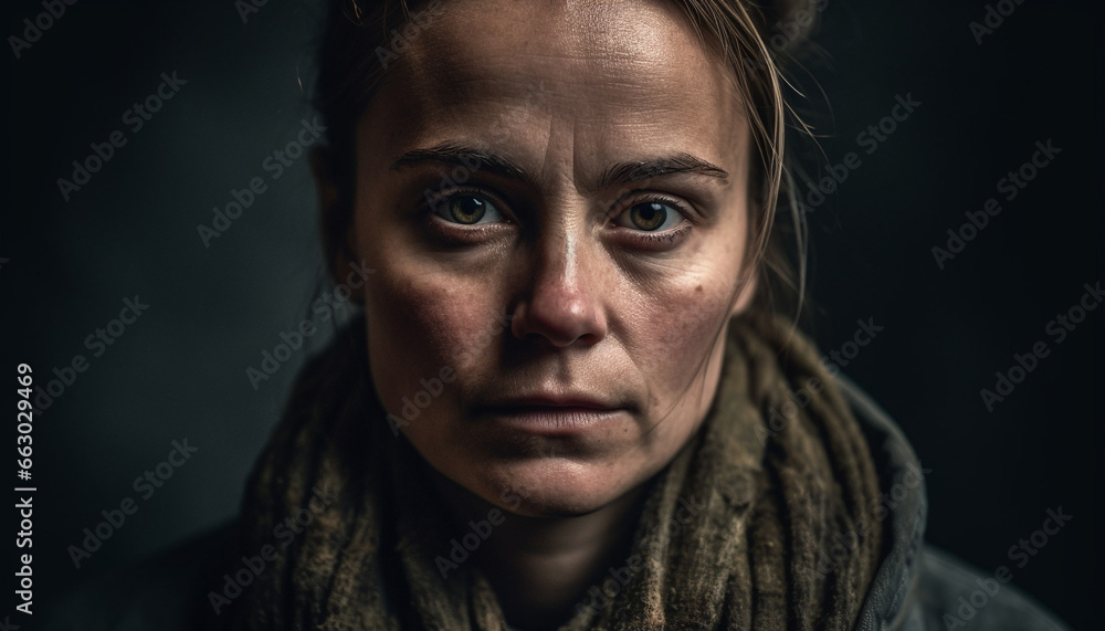 Beautiful young woman with brown hair looking sad and lonely generated by AI