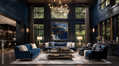 A sophisticated living room with deep blue accent walls, the HD camera showcasing the opulence and refinement of the space, creating a stylish retreat. photo