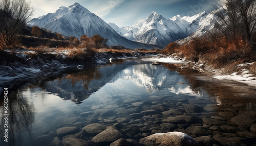 Majestic mountain range reflects tranquil scene of frozen beauty in nature generated by AI