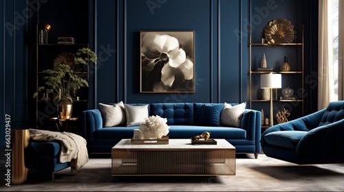 A sophisticated living room with deep blue accent walls and luxurious furnishings, the HD camera highlighting the opulence and refinement of the space.