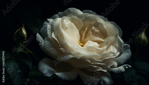 Soft pink petals in close up, wet with dew, showcase fragility generated by AI