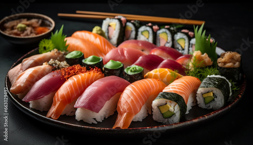 A plate of fresh seafood, sushi variation, and vegetable appetizers generated by AI