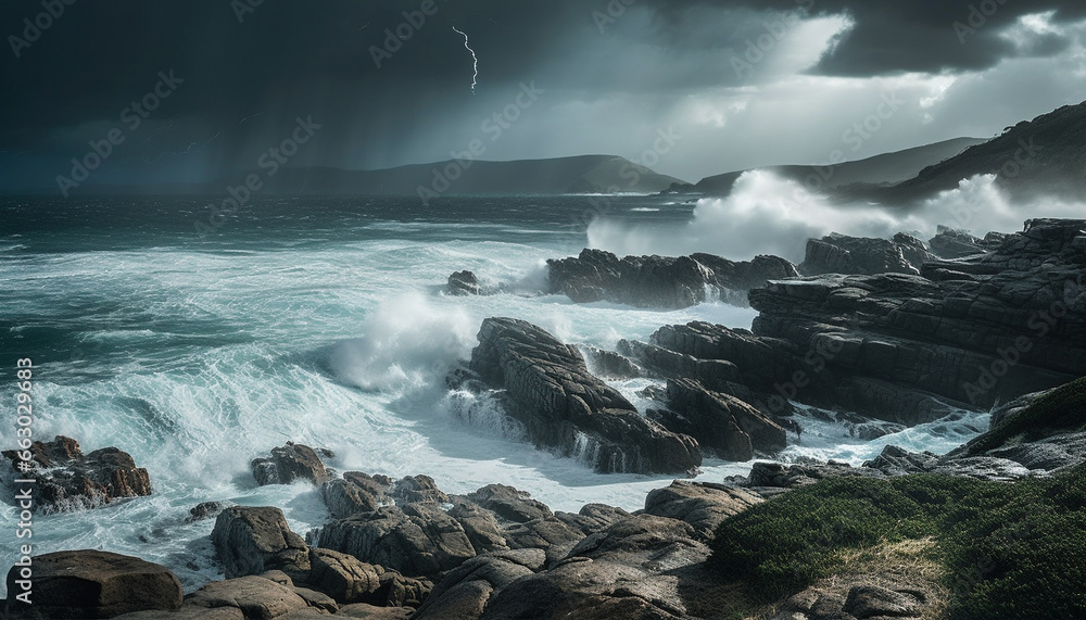 Breaking wave crashes against rocky cliff, spray splashing waters edge generated by AI Breaking wave crashes against rocky cliff, spray splashing waters edge generated by AI