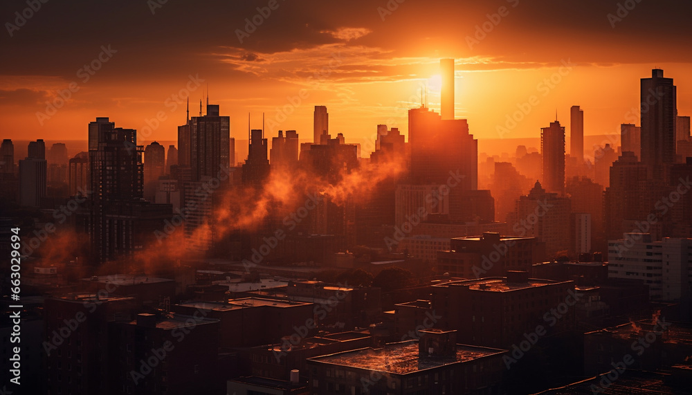 Glowing cityscape at dusk, skyscrapers silhouette against sunset sky generated by AI