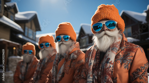 Group of small Santa’s in stylish clothing at ski resort - Christmas vacation - holiday - getaway - sunglasses - low angle shot - winter - stylish and whimsical 