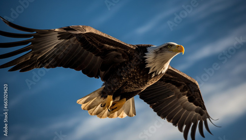 Majestic bird of prey, bald eagle, spreads wings in flight generated by AI © djvstock