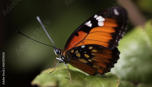Vibrant butterfly wing in focus, pollinating a single orange flower generated by AI