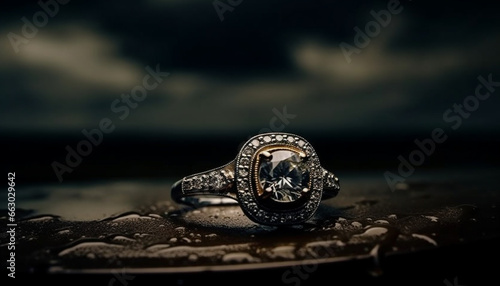 Shiny gold wedding ring with precious gem and platinum reflection generated by AI