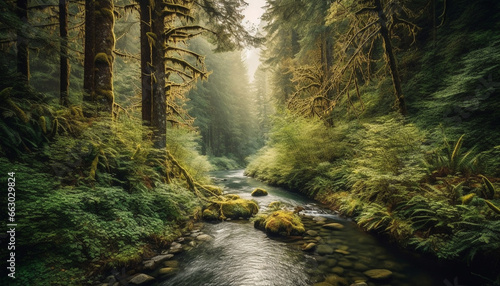 Tranquil scene of a wet forest with flowing water and greenery generated by AI