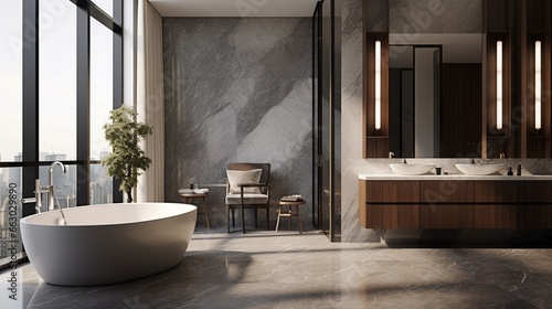 A stylish bathroom with marble-clad interior walls  the high-definition camera showcasing the luxurious materials and elegant simplicity of the space.