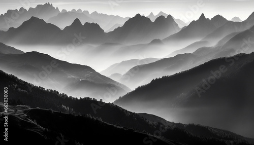 Majestic mountain range silhouette back lit by sunrise, panoramic beauty generated by AI