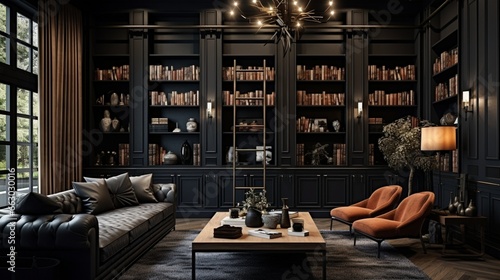 A stylish home library with built-in bookshelves and dark accent walls, the high-resolution camera capturing the coziness and intellectual ambiance. photo