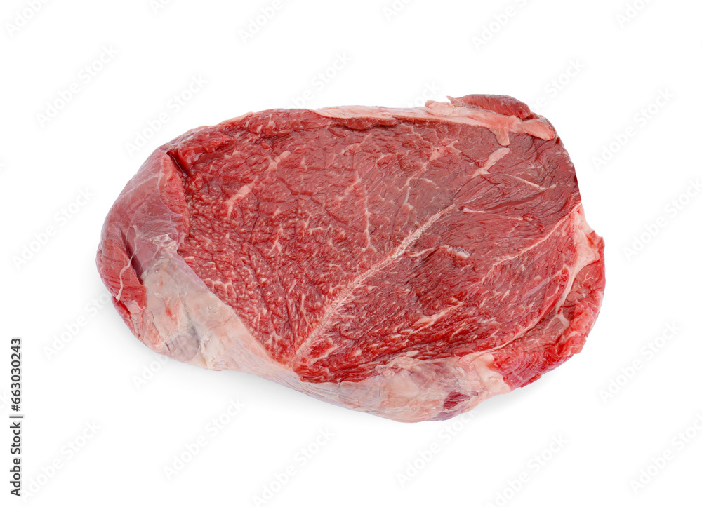 Piece of raw beef meat isolated on white, top view Piece of raw beef meat isolated on white, top view