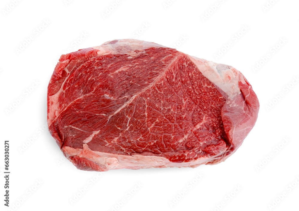 Piece of raw beef meat isolated on white, top view Piece of raw beef meat isolated on white, top view