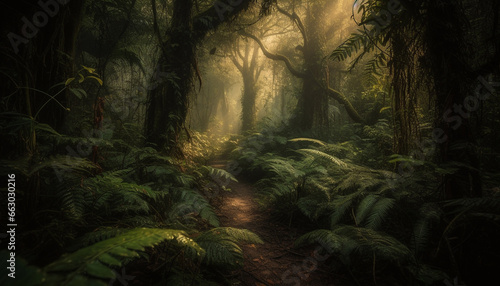 Tranquil footpath winds through spooky  mysterious tropical rainforest at night generated by AI