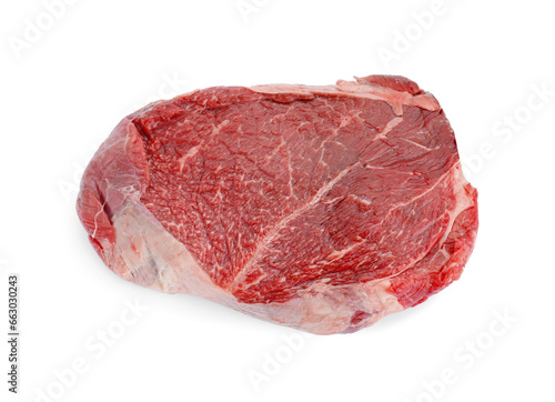Piece of raw beef meat isolated on white, top view