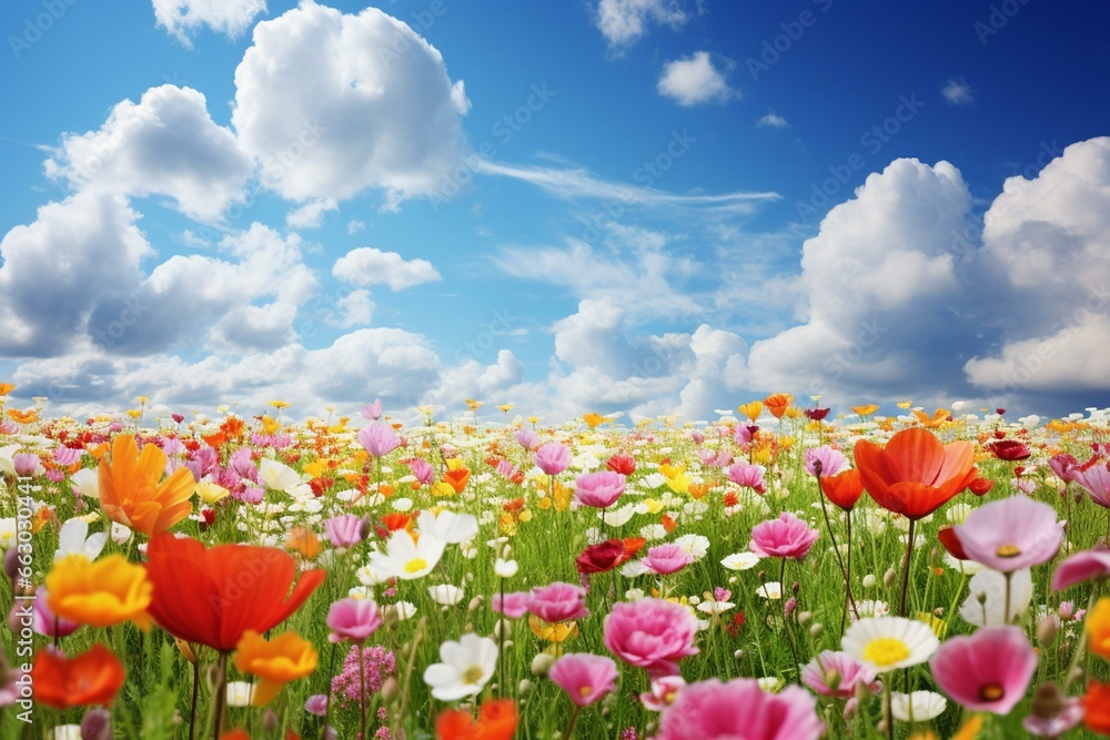 Colorful spring field with various flowers under a sunny sky; a scenic meadow. Horizontal background image. Generative AI